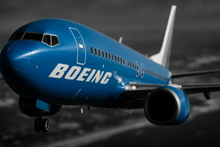 Boeing airplane flying over a landscape.