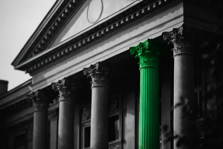 Facade of a classical bank building with columns.