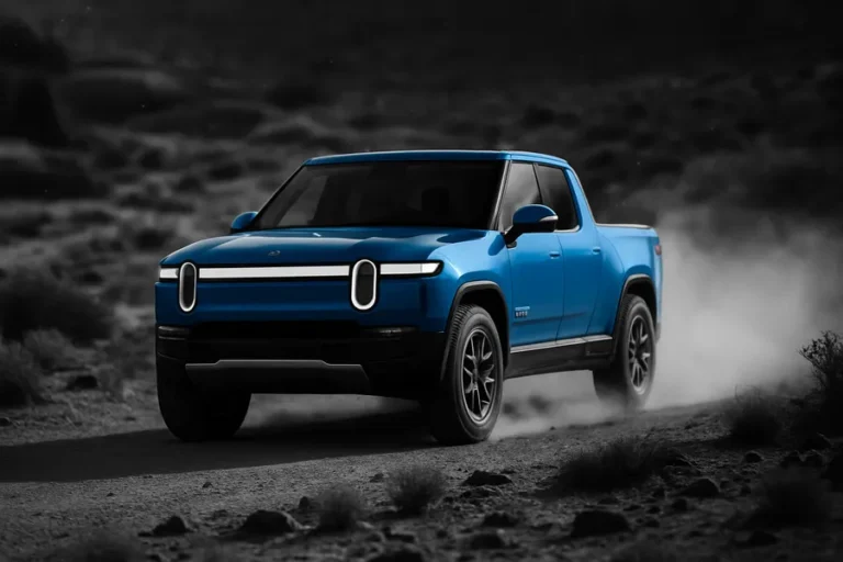 Rivian SUV driving in a desert landscape.