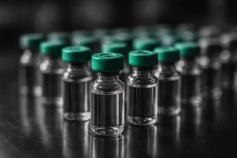 Vials of chemical solution arranged on a reflective surface.