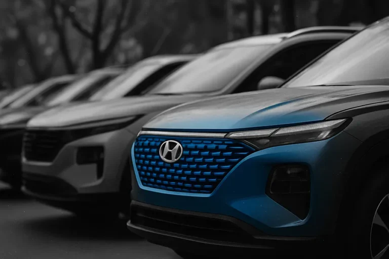 Row of Hyundai vehicles parked on a street.