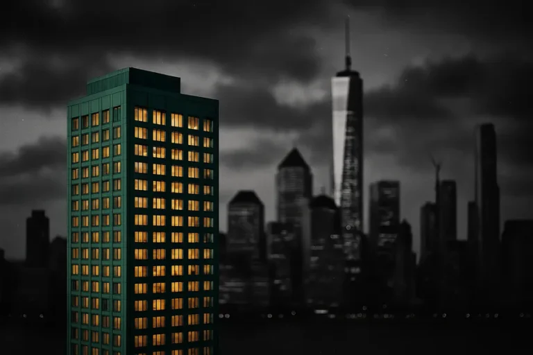 Financial district skyline with prominent skyscrapers.