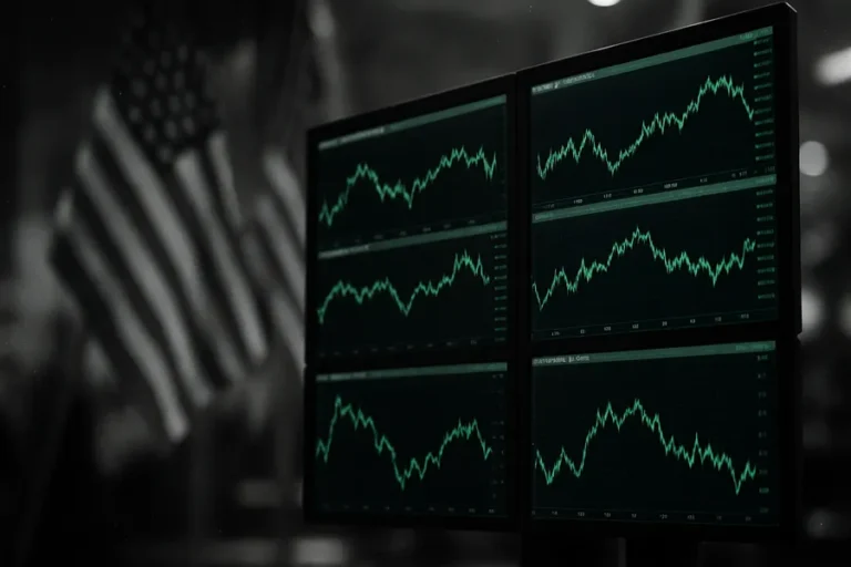 Trading screens displaying financial market data in front of U.S. flags.