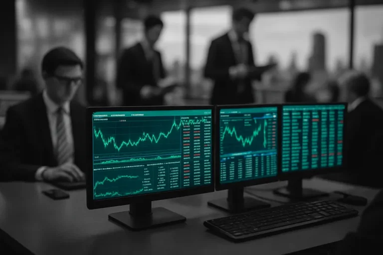 A busy trading floor with multiple screens displaying financial data.