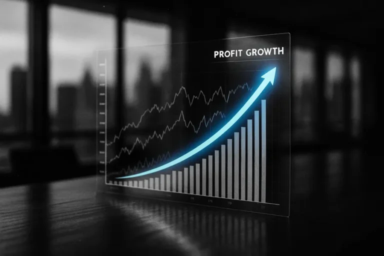 Digital financial graphs indicating profit growth on a conference table.