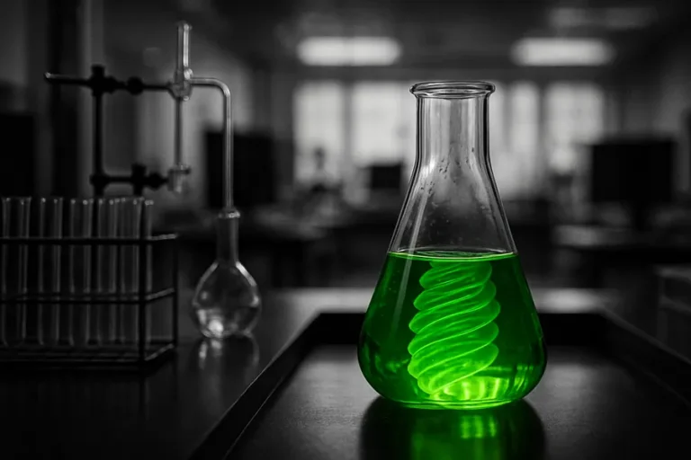 Foreground laboratory equipment, specifically a beaker with a green liquid.